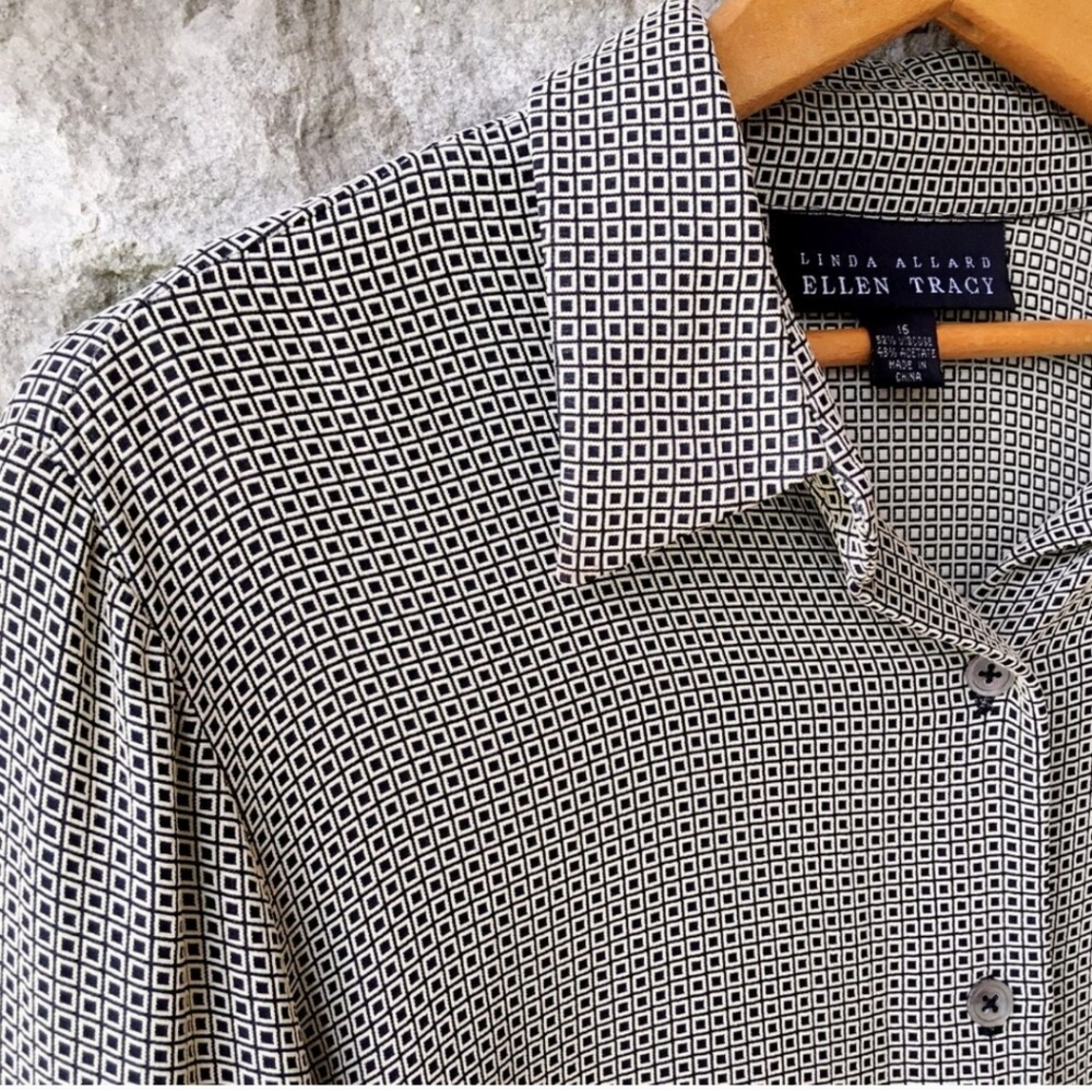Linda ALLARD Ellen Tracy Grid Print Button Up Blouse - Picture 2 of 5